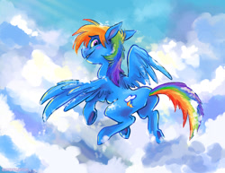 Size: 1290x997 | Tagged: safe, artist:spainfischer, imported from derpibooru, rainbow dash, pegasus, pony, butt, cloud, female, flying, looking at you, looking back, looking back at you, mare, plot, rainbutt dash, sky, sky background, solo, spread wings, wings