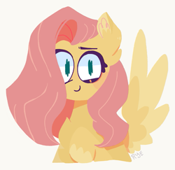 Size: 651x634 | Tagged: safe, artist:freakyghostbed, imported from derpibooru, fluttershy, pegasus, pony, bust, chest fluff, ear fluff, female, looking at you, mare, portrait, simple background, smiling, solo, spread wings, three quarter view, white background, wings