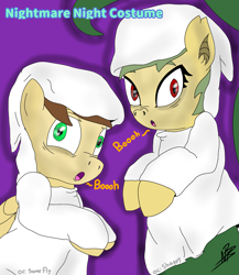 Size: 1959x2256 | Tagged: safe, artist:shappy the lamia, imported from derpibooru, oc, oc:shappy, earth pony, ghost, ghost pony, hybrid, lamia, original species, pegasus, pony, reptile, semi-anthro, snake, undead, friendship is magic, bed sheets, brown mane, clothes, commission, costume, dirty, fangs, friendship, ghost costume, green eyes, green mane, halloween, halloween costume, holiday, hood, hooves, long tail, nightmare night, nightmare night costume, red eyes, scaring, scary face, slit eyes, slit pupils, snake eyes, snake tail, spooky, trick or treat