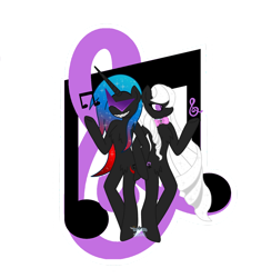 Size: 1024x1089 | Tagged: safe, artist:lolitablue, imported from derpibooru, dj pon-3, octavia melody, vinyl scratch, earth pony, semi-anthro, unicorn, bowtie, cutie mark background, duo, female, grin, nightmarified, simple background, smiling, sunglasses, transparent background