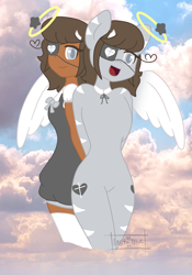 Size: 1952x2787 | Tagged: safe, artist:lolitablue, imported from derpibooru, oc, oc only, human, pegasus, semi-anthro, :d, both cutie marks, clothes, cloud, dark skin, duo, eyepatch, female, halo, open mouth, pegasus oc, signature, smiling, wings