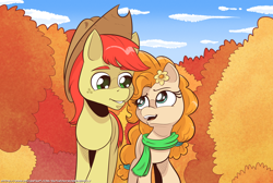 Size: 2000x1341 | Tagged: safe, artist:saturdaymorningproj, imported from derpibooru, bright mac, pear butter, autumn, clothes, cloud, cowboy hat, flower, flower in hair, hat, open mouth, scarf, sky, tree, walking