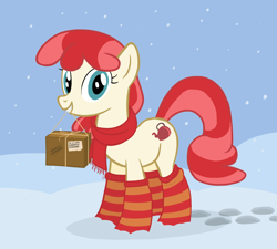 Size: 2778x2500 | Tagged: safe, artist:hotkinkajou, artist:softlava, oc, oc only, oc:copper kettle, earth pony, pony, /mlp/, christmas, christmas stocking, clothes, cute, cutie mark, drawthread, earth pony oc, female, happy, holiday, looking at you, mare, mouth hold, package, parcel, scarf, show accurate, show accurate clothing, smiling, snow, snowfall, socks, solo, weapons-grade cute