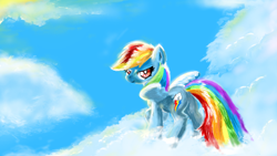 Size: 441x248 | Tagged: safe, artist:buttonmash, imported from derpibooru, rainbow dash, pegasus, pony, spoiler:mlp friendship is forever, blue pony, butt, cloud, illustration, mlpfim, my little pony, plot, rainbow, sky, solo, wings