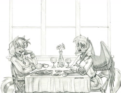 Size: 1400x1071 | Tagged: safe, artist:baron engel, imported from derpibooru, oc, oc only, oc:feather dancer, oc:nicole sunstone, anthro, pegasus, unicorn, chair, chatting, clothes, cup, dessert, eyes closed, flower, glass, grayscale, monochrome, open mouth, pants, pencil drawing, sitting, table, traditional art