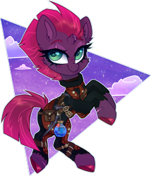 Size: 2521x2948 | Tagged: safe, artist:_spacemonkeyz_, imported from derpibooru, tempest shadow, pony, unicorn, blade of woe, broken horn, clothes, cloud, colored hooves, dark brotherhood, flower, horn, leather armor, magicka potion, potion, scar, simple background, sky, skyrim, solo, stars, the elder scrolls, torn clothes, transparent background