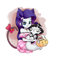 Size: 1000x1000 | Tagged: safe, artist:twilite-sparkleplz, imported from derpibooru, opalescence, rarity, cat, equestria girls, bare shoulders, catgirl, clothes, cosplay, costume, halloween, halloween costume, kirisame marisa, momomiya ichigo, pumpkin bucket, raricat, tokyo mew mew, touhou, witch costume