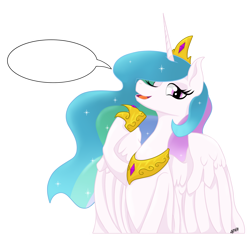 Size: 1920x1824 | Tagged: safe, artist:ghouleh, imported from derpibooru, princess celestia, alicorn, pony, balloon, canon, canon only, crown, ethereal mane, exploitable, female, horn, jewelry, mare, one eye closed, pointing, ponting, princess, regalia, simple background, smiling, solo, speech bubble, transparent background, wings, wink, word balloon