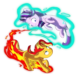 Size: 4103x3975 | Tagged: safe, artist:chub-wub, imported from derpibooru, starlight glimmer, sunset shimmer, pony, unicorn, commission, duo, female, fiery shimmer, fire, flying, glowing horn, high res, horn, levitation, looking at each other, magic, mare, raised hoof, raised leg, running, self-levitation, simple background, telekinesis, transparent background, yin-yang