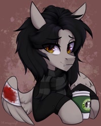 Size: 1265x1582 | Tagged: safe, artist:hydrargyrum, imported from derpibooru, pegasus, pony, bandage, bandaged wing, blood, broken wing, bust, clothes, coffee, commission, fangs, gerard way, hood hold, hoof hold, jacket, male, messy mane, my chemical romance, ponified, scarf, spread wings, stallion, wings, ych result