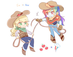 Size: 979x777 | Tagged: safe, artist:rino11828834, artist:yuan-rino, imported from derpibooru, applejack, rainbow dash, equestria girls, appledash, bandana, boots, clothes, cowboy boots, cowboy hat, cowgirl, female, hat, jeans, lasso, lesbian, pants, poncho, rope, shipping, shoes, simple background, stetson, white background