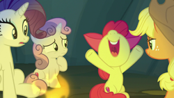 Size: 1280x720 | Tagged: safe, imported from derpibooru, screencap, apple bloom, applejack, rarity, sweetie belle, campfire tales, campfire, fire, nose in the air, volumetric mouth