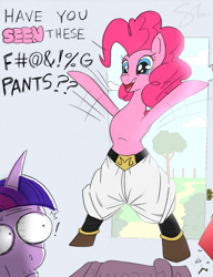 Size: 900x1170 | Tagged: safe, artist:molochtdl, imported from derpibooru, pinkie pie, twilight sparkle, earth pony, unicorn, censored vulgarity, clothes, cosplay, costume, dragon ball, exclamation point, grawlixes, majin boo, majin buu, scroll, unicorn twilight