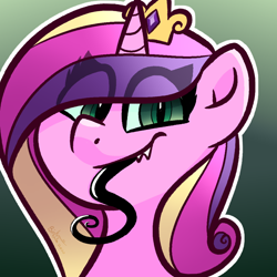 Size: 1000x1000 | Tagged: safe, artist:binkyt11, derpibooru exclusive, imported from derpibooru, princess cadance, queen chrysalis, alicorn, pony, eye clipping through hair, fake cadance, female, gradient background, long tongue, looking at you, mare, sharp teeth, solo, teeth, tongue out