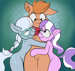 Size: 3408x3198 | Tagged: safe, artist:loco local, imported from derpibooru, diamond tiara, silver spoon, oc, oc:himmel, earth pony, semi-anthro, canon x oc, colt, embarrassed, female, filly, hug, male, protagonist, pubic fluff, shipping