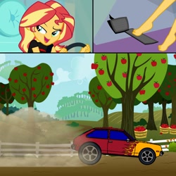 Size: 768x768 | Tagged: safe, artist:grapefruit-face, artist:thatradhedgehog, edit, edited screencap, imported from derpibooru, screencap, sunset shimmer, driving miss shimmer, equestria girls, equestria girls series, apple, apple tree, car, chevrolet, chevrolet chevette, driving, driving miss shimmer: fluttershy, feet, food, foot focus, hot rod, pedal pump, solo, sweet apple acres, tree