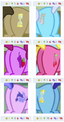 Size: 440x833 | Tagged: safe, imported from derpibooru, screencap, berry punch, berryshine, cherry berry, doctor whooves, linky, minuette, sea swirl, seafoam, shoeshine, time turner, earth pony, pony, unicorn, derpibooru, a flurry of emotions, a royal problem, trade ya, berry butt, butt, butt focus, butt only, cherryplot, cropped, female, juxtaposition, male, meta, pictures of butts, plot, solo, stallion, wall of butts