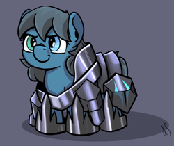 Size: 2328x1958 | Tagged: safe, artist:dsana, imported from derpibooru, oc, oc only, oc:lullaby dusk, pegasus, pony, comic:a storm's lullaby, :t, accessory theft, armor, cute, death by cuteness, female, filly, glare, gray background, heterochromia, implied tempest shadow, lullabetes, ocbetes, storm king's emblem