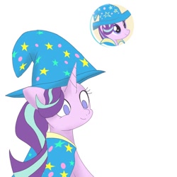 Size: 768x768 | Tagged: safe, artist:zeon_starlight, imported from derpibooru, starlight glimmer, pony, unicorn, accessories, accessory, cape, clothes, gameloft, hat, smiling, solo