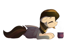 Size: 2099x1306 | Tagged: safe, artist:freeedon, imported from derpibooru, oc, oc only, oc:tulpa twilight, pegasus, pony, coffee, coffee cup, comfy, cup, cute, eyes closed, female, floppy ears, folded wings, hot drink, lying down, mare, ocbetes, on side, prone, relaxing, simple background, smiling, solo, steam, transparent background, wings