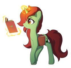 Size: 1765x1696 | Tagged: safe, artist:freeedon, imported from derpibooru, oc, oc only, oc:novella, pony, unicorn, bag, book, female, glowing, glowing horn, horn, levitation, magic, magic aura, mare, raised hoof, raised leg, reading, saddle bag, simple background, solo, telekinesis, transparent background, walking