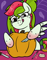 Size: 1536x1928 | Tagged: safe, artist:sjart117, imported from derpibooru, oc, oc only, oc:watermelana, ghost, pegasus, pony, undead, candle, carving, female, freckles, gradient hooves, halloween, holiday, knife, mare, pumpkin, pumpkin carving, solo, spider web, table, tongue out