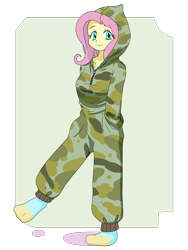 Size: 1668x2224 | Tagged: safe, artist:batipin, imported from derpibooru, fluttershy, equestria girls, camouflage, clothes, cute, female, gameloft, gameloft interpretation, hand in pocket, hands in pockets, hoodie, shyabetes, socks, solo