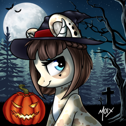 Size: 1080x1080 | Tagged: safe, artist:supermoix, imported from derpibooru, oc, oc only, pony, halloween, hat, holiday, moon, solo, tree, witch hat