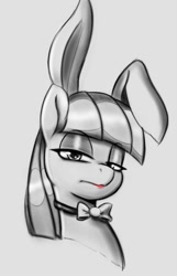 Size: 447x695 | Tagged: safe, artist:tre, imported from derpibooru, maud pie, earth pony, pony, bowtie, bunny ears, bust, lidded eyes, lipstick, partial color, portrait, solo