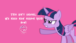 Size: 2560x1440 | Tagged: safe, artist:faze-alan-mskull2019, imported from derpibooru, twilight sparkle, alicorn, pony, angry, caption, female, happy birthday mlp:fim, mlp fim's seventh anniversary, my little pony logo, op can't let go, pink background, simple background, solo, text, twilight sparkle (alicorn)