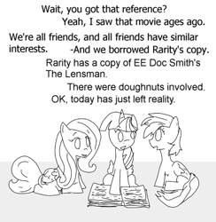 Size: 534x548 | Tagged: safe, artist:mr. zero, artist:zero, imported from derpibooru, fluttershy, rainbow dash, twilight sparkle, alicorn, book, happy birthday mlp:fim, mlp fim's tenth anniversary, monochrome, twilight sparkle (alicorn)