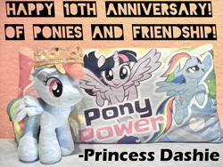 Size: 1280x960 | Tagged: safe, editor:dreamy orange, editor:the dreaded, imported from derpibooru, rainbow dash, twilight sparkle, alicorn, pegasus, pony, 4de, crown, female, happy birthday mlp:fim, irl, jewelry, mare, mlp fim's tenth anniversary, photo, pillow, plushie, pony pillow, pony power, princess dash, princess rainbow dash, regalia, standing, text, twilight sparkle (alicorn)