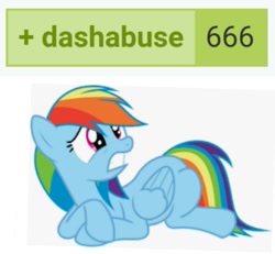 Size: 883x815 | Tagged: safe, imported from derpibooru, rainbow dash, pegasus, pony, derpibooru, 666, abuse, dashabuse, female, go to sleep wind rider, gritted teeth, mare, meme, meta, missing cutie mark, scared, solo, tags