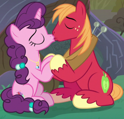 Size: 461x444 | Tagged: safe, imported from derpibooru, screencap, big macintosh, sugar belle, earth pony, pony, unicorn, the big mac question, cropped, eyes closed, female, kiss on the lips, kissing, male, mare, stallion