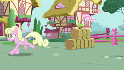 Size: 1280x720 | Tagged: safe, imported from derpibooru, screencap, millie, earth pony, pony, the big mac question, apple, female, food, hay bale, mare, running, solo