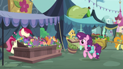 Size: 1280x720 | Tagged: safe, imported from derpibooru, screencap, carrot top, golden harvest, grand pear, roseluck, sugar belle, earth pony, pony, unicorn, the big mac question, bag, female, flower, mare, saddle bag