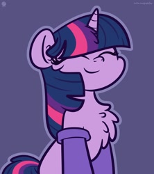 Size: 1067x1200 | Tagged: dead source, safe, artist:kimjoman, artist:php142, artist:purpleflix, imported from derpibooru, twilight sparkle, pony, unicorn, chest fluff, clothes, cute, ear fluff, eyes closed, female, mare, purple background, simple background, socks, solo, stockings, thigh highs, twiabetes, unicorn twilight