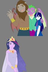 Size: 1865x2798 | Tagged: safe, artist:fantasygerard2000, imported from derpibooru, majesty, scorpan, spike, twilight sparkle, anthro, dragon, gargoyle, human, equestria girls, clothes, crown, dress, gray background, headcanon, jewelry, regalia, scorpan is spike's daddy, simple background, wings