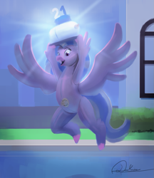 Size: 871x1008 | Tagged: safe, artist:darkanine121212, imported from derpibooru, silverstream, classical hippogriff, hippogriff, 21, cake, food, inflatable toy, solo, story included, swimming pool, transformation