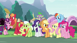 Size: 1290x726 | Tagged: safe, imported from derpibooru, screencap, apple bloom, applejack, big macintosh, fluttershy, granny smith, pinkie pie, rainbow dash, rarity, spike, sugar belle, dragon, earth pony, pegasus, season 9, the ending of the end, spoiler:s09, winged spike, wings