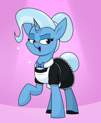 Size: 1400x1700 | Tagged: safe, artist:moonatik, imported from derpibooru, trixie, pony, unicorn, apron, bowtie, clothes, dress, eyeshadow, female, hair bun, maid, makeup, mane bun, mare, open mouth, raised hoof, shoes, skirt, smug, solo, sparkles, tail bun, tights