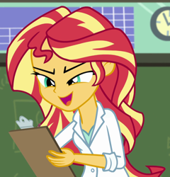 Size: 642x670 | Tagged: safe, imported from derpibooru, screencap, sunset shimmer, equestria girls, friendship games, the science of magic, clipboard, clothes, cropped, lab coat, solo, sunset the science gal