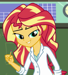 Size: 611x676 | Tagged: safe, imported from derpibooru, screencap, sunset shimmer, equestria girls, friendship games, the science of magic, cropped, pencil, solo, sunset the science gal