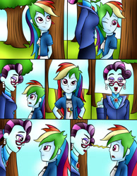 Size: 1549x1995 | Tagged: safe, artist:jerrydestrtoyer, imported from derpibooru, principal abacus cinch, rainbow dash, equestria girls, clothes, comic, female, glasses, hypnosis, mind control, open mouth, outdoors