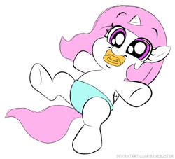 Size: 482x438 | Tagged: safe, artist:banebuster, imported from derpibooru, princess celestia, alicorn, pony, series:tiny tia, baby, baby pony, cewestia, cute, cutelestia, diaper, female, filly, pacifier, pink mane, simple background, solo, white background, younger