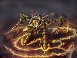 Size: 5000x3800 | Tagged: safe, artist:eltaile, imported from derpibooru, applejack, pony, cannon, clothes, female, gun, lava, mech, mecha, minigun, smiling, smoke, solo, uniform, volcano, weapon