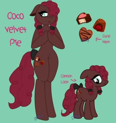 Size: 961x1024 | Tagged: safe, artist:lolitablue, imported from derpibooru, oc, oc only, anthro, earth pony, pony, semi-anthro, unguligrade anthro, anthro with ponies, base used, bow, chocolate, duo, earth pony oc, female, food, mare, offspring, parent:cheese sandwich, parent:pinkie pie, parents:cheesepie, reference sheet, solo, tail bow