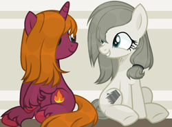 Size: 1374x1016 | Tagged: safe, artist:katnekobase, artist:thieeur-nawng, imported from derpibooru, oc, oc only, earth pony, pony, unicorn, abstract background, base used, duo, earth pony oc, grin, horn, looking at each other, sitting, smiling, underhoof, unicorn oc, unshorn fetlocks