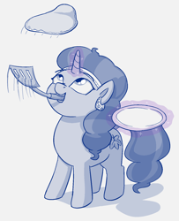 Size: 1154x1424 | Tagged: safe, artist:heretichesh, imported from derpibooru, saffron masala, pony, unicorn, drawthread, ear piercing, earring, female, flipping, food, in mouth, jewelry, magic, magic aura, mare, monochrome, pancakes, piercing, plate, solo, spatula