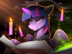 Size: 2300x1731 | Tagged: safe, artist:yakovlev-vad, imported from derpibooru, twilight sparkle, alicorn, pony, blood, book, candle, clothes, fangs, female, fire, glowing horn, halloween, holiday, hoodie, horn, magic, mare, potion, slim, smiling, smirk, solo, telekinesis, twilight sparkle (alicorn), witch